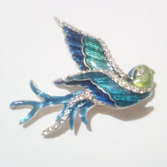 Vintage Napier Blue Enamel and Rhinestone Silver Tone Blue Bird Brooch - Picture 1 of 5